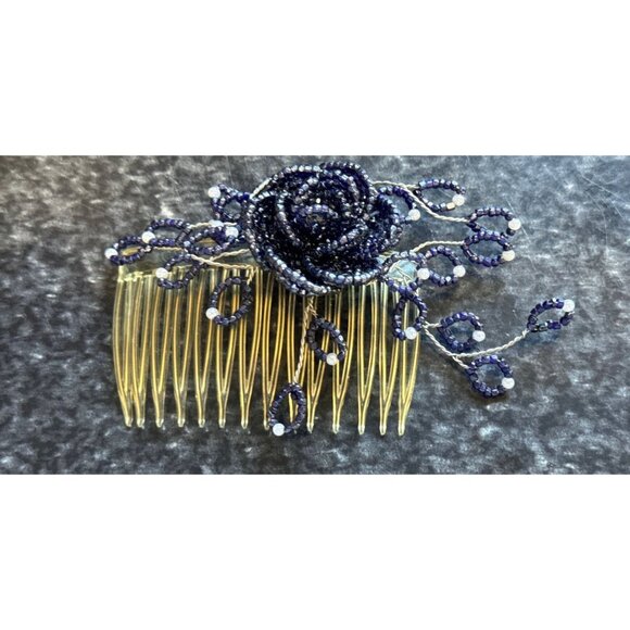 Vtg 1970\'s Handmade Beaded Navy Blue Rose Floral Design Hair Comb White Beads main image 4